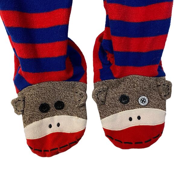 Adult NICK & NORA Sz S Sock Monkey One-Piece Pajamas Red Blue Stripe Fleece - Picture 4 of 11
